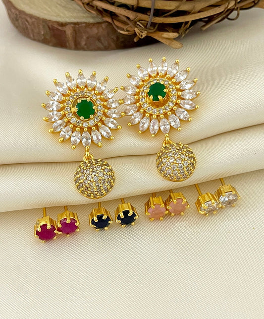 Gold changeable earrings set with multiple color options, including green, red, black, pink, and clear stones.